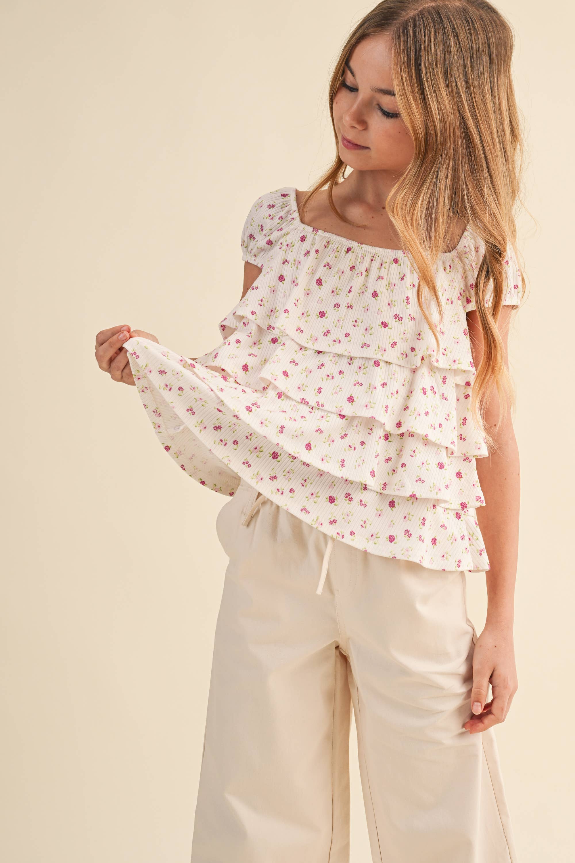 TWEEN GIRLS RUCHED SHOULDER RUFFLE CROPPED TOP