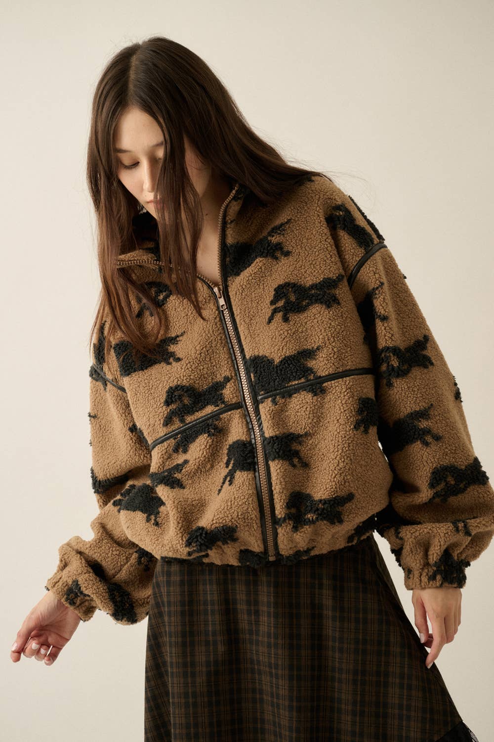 Horses Jacquard Sherpa Fleece Zip-Up High-Collar Jacket