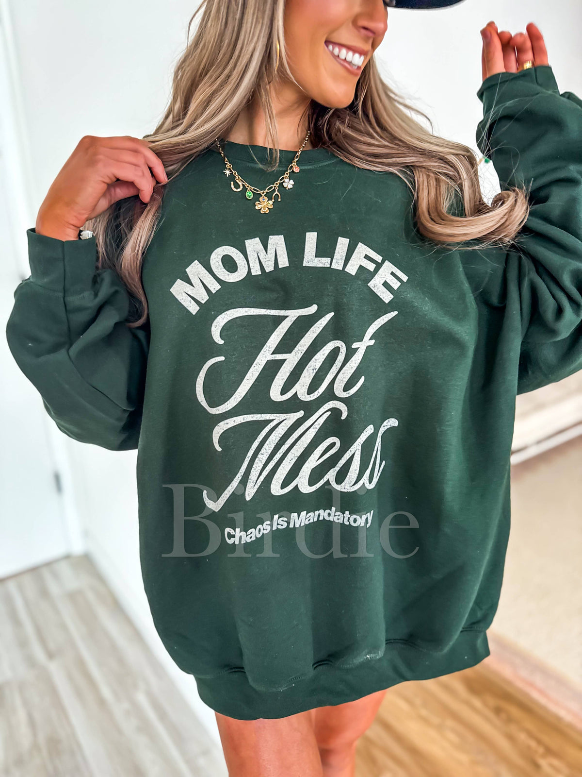 Mom Life Hot Mess Graphic Crewneck on Forest Green