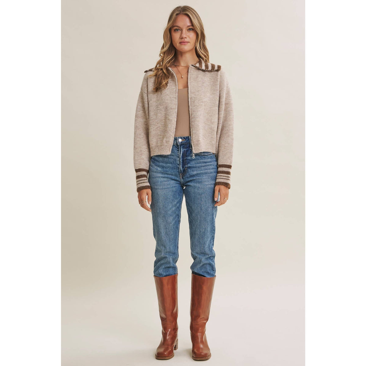 HARBOR MORNING WOOL STRIPE SAILOR COLLAR ZIP SWEATER JACKET