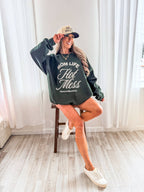 Mom Life Hot Mess Graphic Crewneck on Forest Green