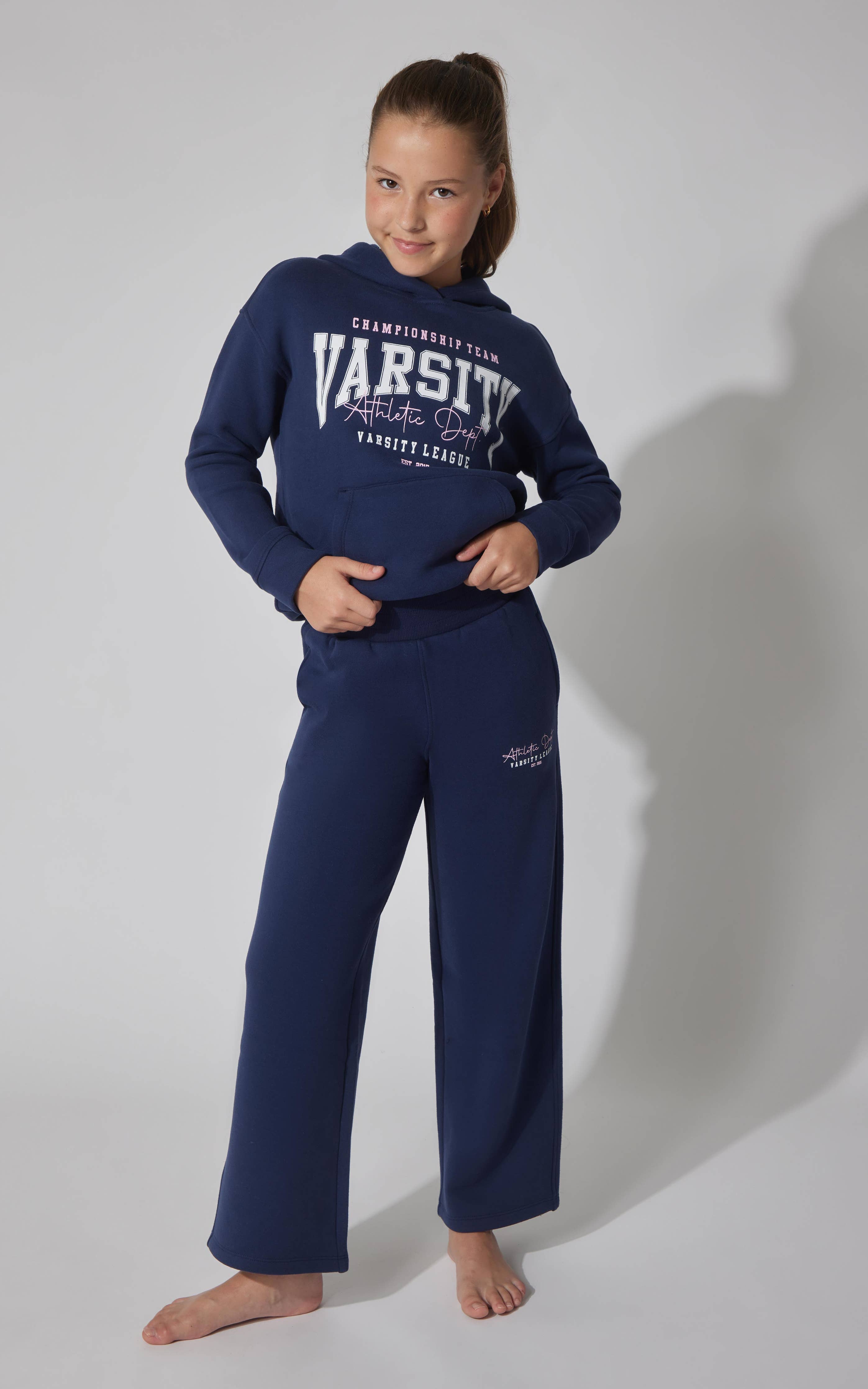 Girls Fleece Varsity Wide Leg Pants with Graphic