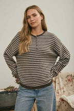 BUTTON HENLEY STRIPE LONG SLEEVE DROP SHOULDER SWEATER