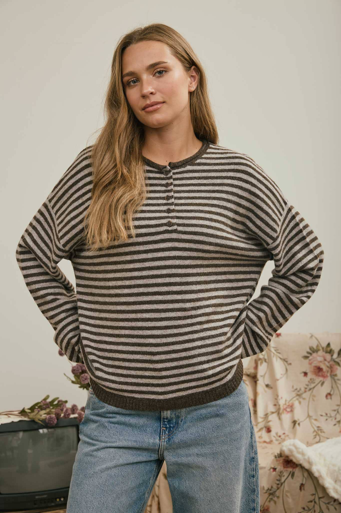 BUTTON HENLEY STRIPE LONG SLEEVE DROP SHOULDER SWEATER