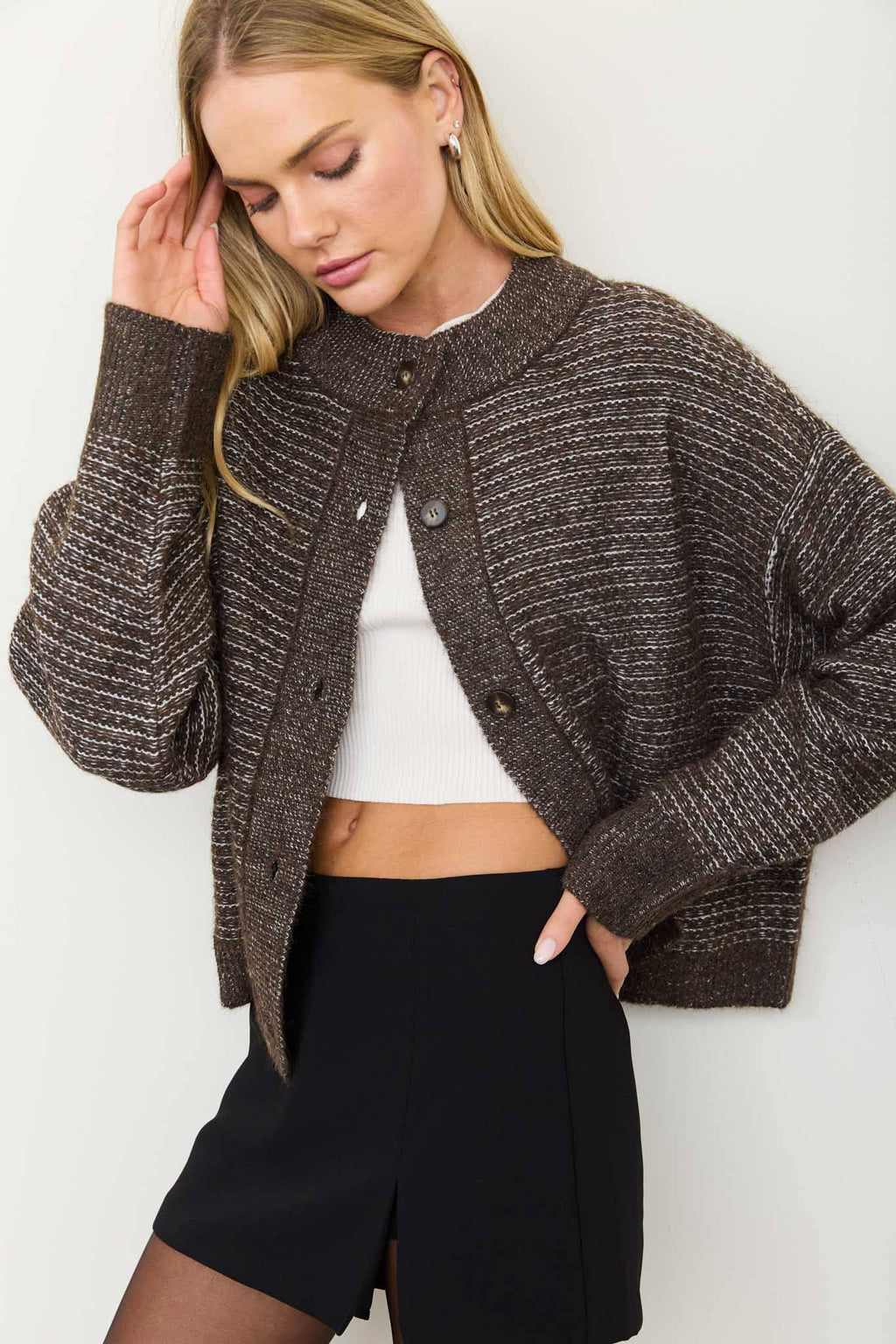 MARLED RIBBED TRIM BUTTON DOWN KNIT CARDIGAN