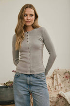 BUTTON FRONT ROUND NECK LONG SLEEVE KNIT TOP (multiple colors)