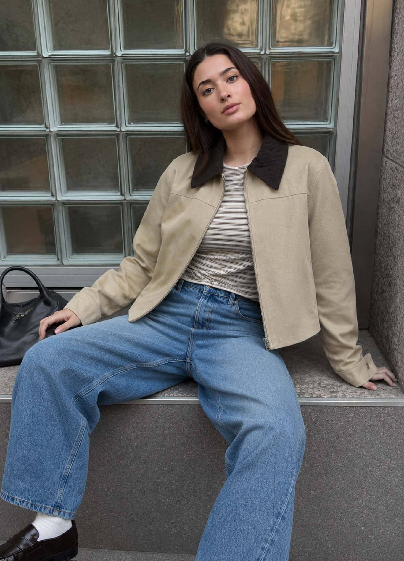 CONTRAST CORDUROY COLLAR ZIP-UP JACKET