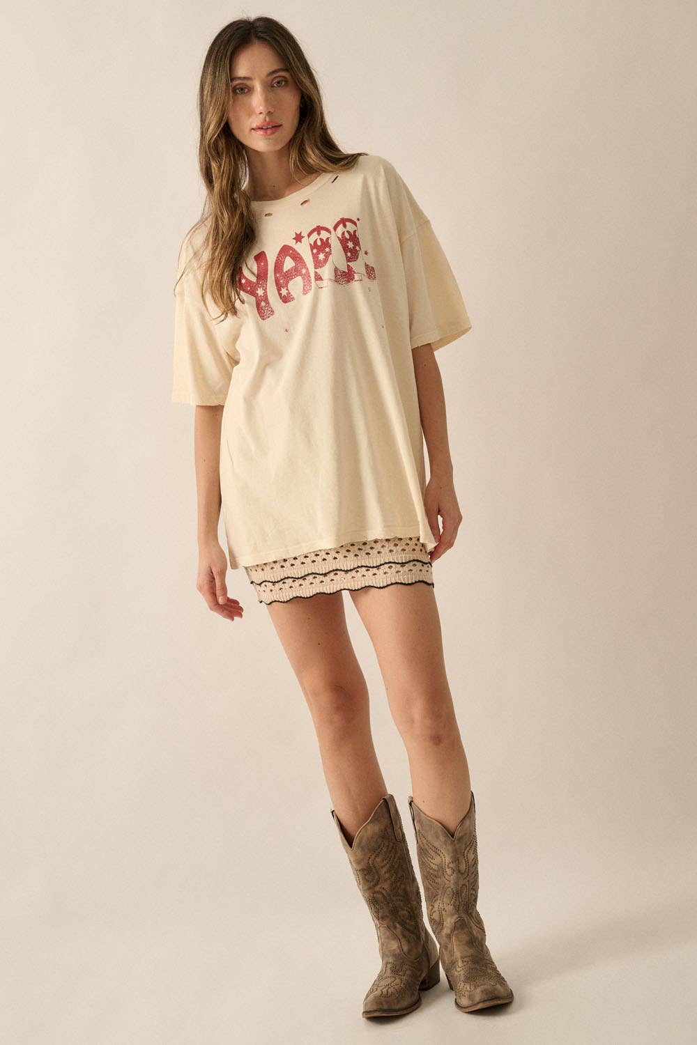 Yall Cowboy Distressed Vintage-Wash Western Graphic Tee