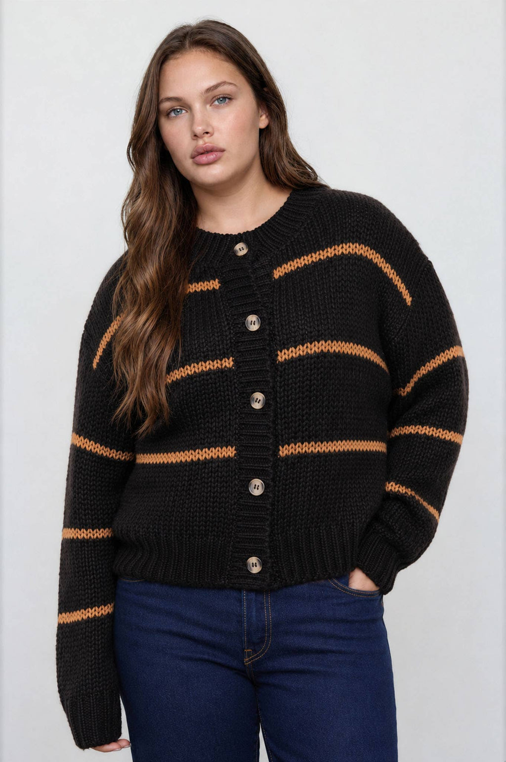 PLUS STRIPE JACQUARD BUTTON DOWN KNIT CARDIGAN