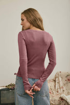 BUTTON FRONT ROUND NECK LONG SLEEVE KNIT TOP (multiple colors)
