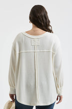 PLUS V NECK ASYMMETRICAL HEM LONG SLEEVE KNIT TOP