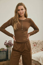 FITTED LONG SLEEVE RIBBED HENLEY KNIT TOP (multiple colors)