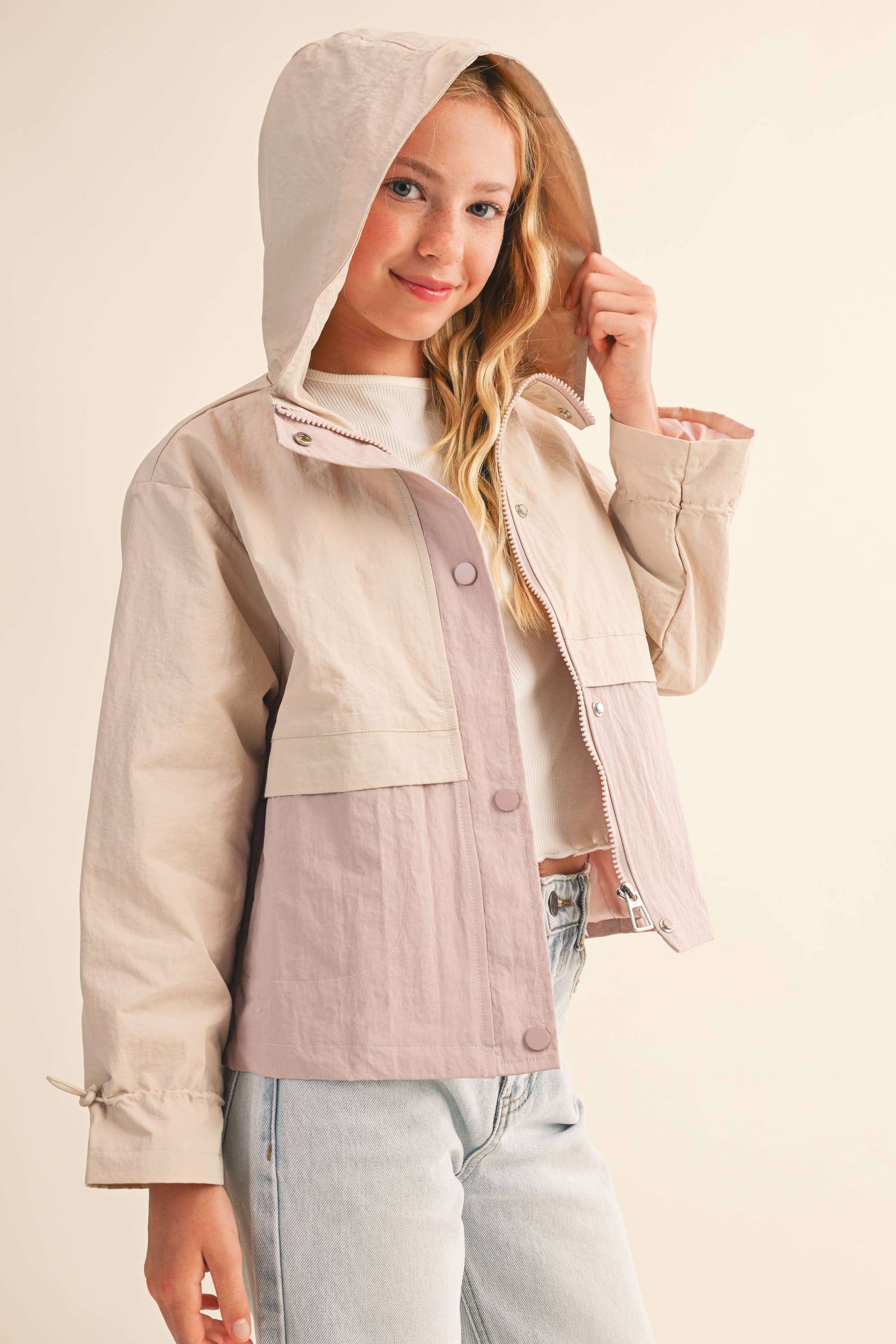 TWEEN GIRLS KIDS HOODED WINDBREAKER W/ CINCH CUFF