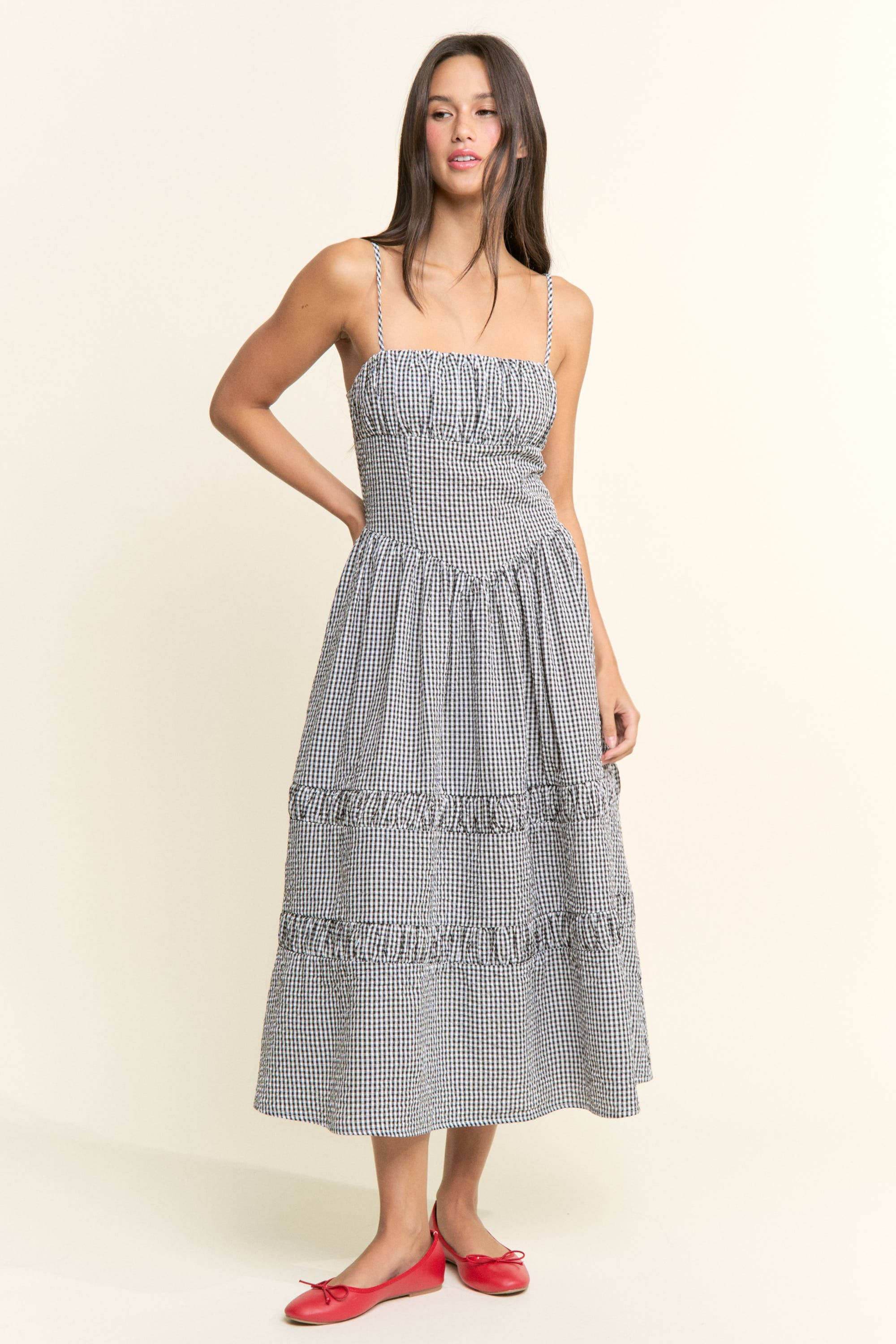 Gingham Smocked Bodice Tiered Midi Dress