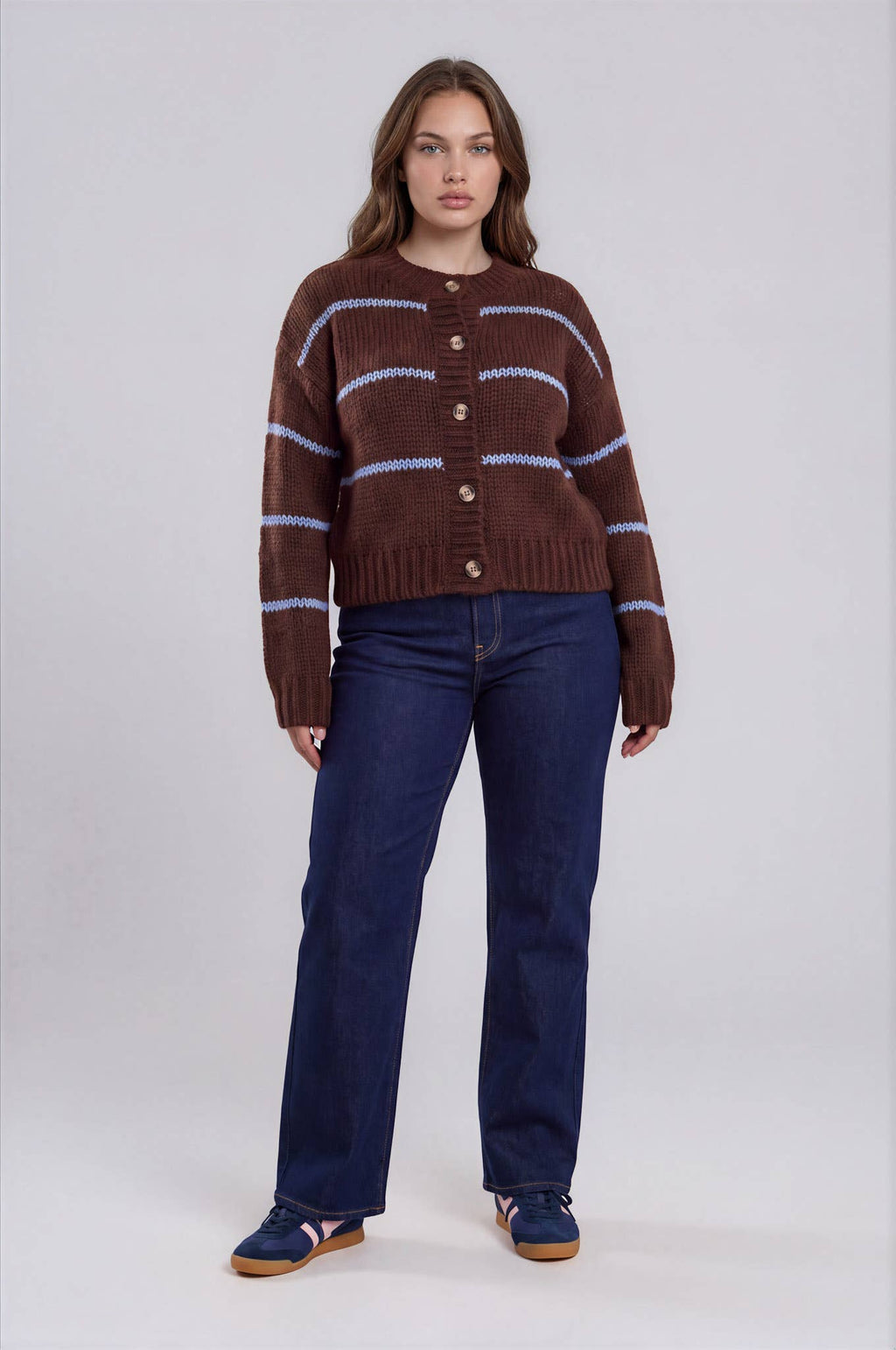 PLUS STRIPE JACQUARD BUTTON DOWN KNIT CARDIGAN